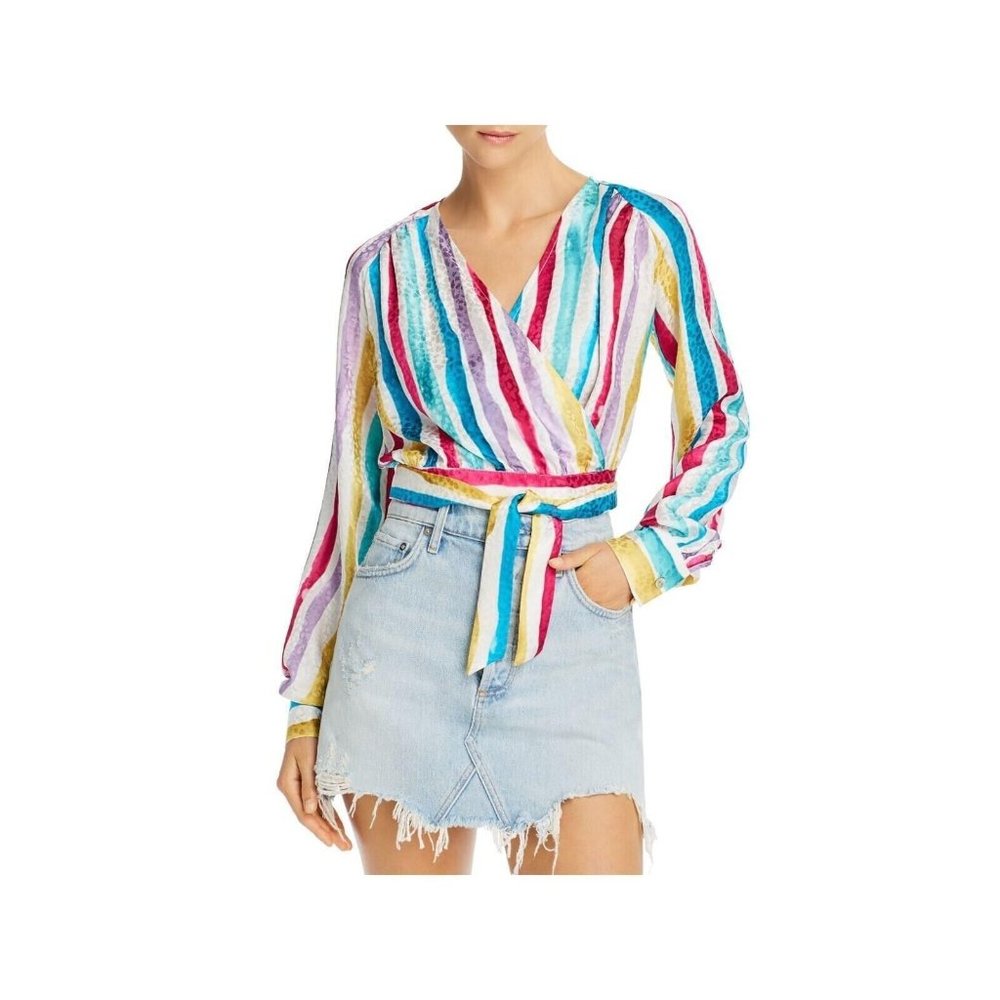 Art Dealer Rainbow Stripes 100% Silk Wrap Tie Waist Short Top Made Italy M NWT